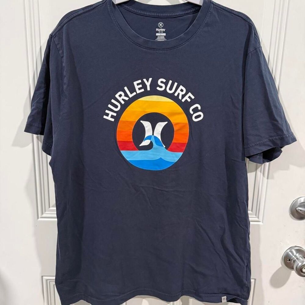 Hurley Mens Large Navy Blue Surf Co Sunset Wave Graphic T-Shirt Short Sleeve